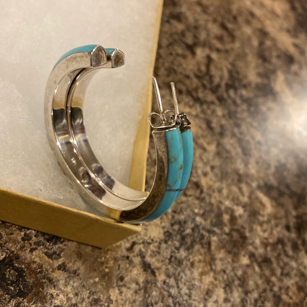 Turquoise Inlay Hoop Earrings - Silver Tone